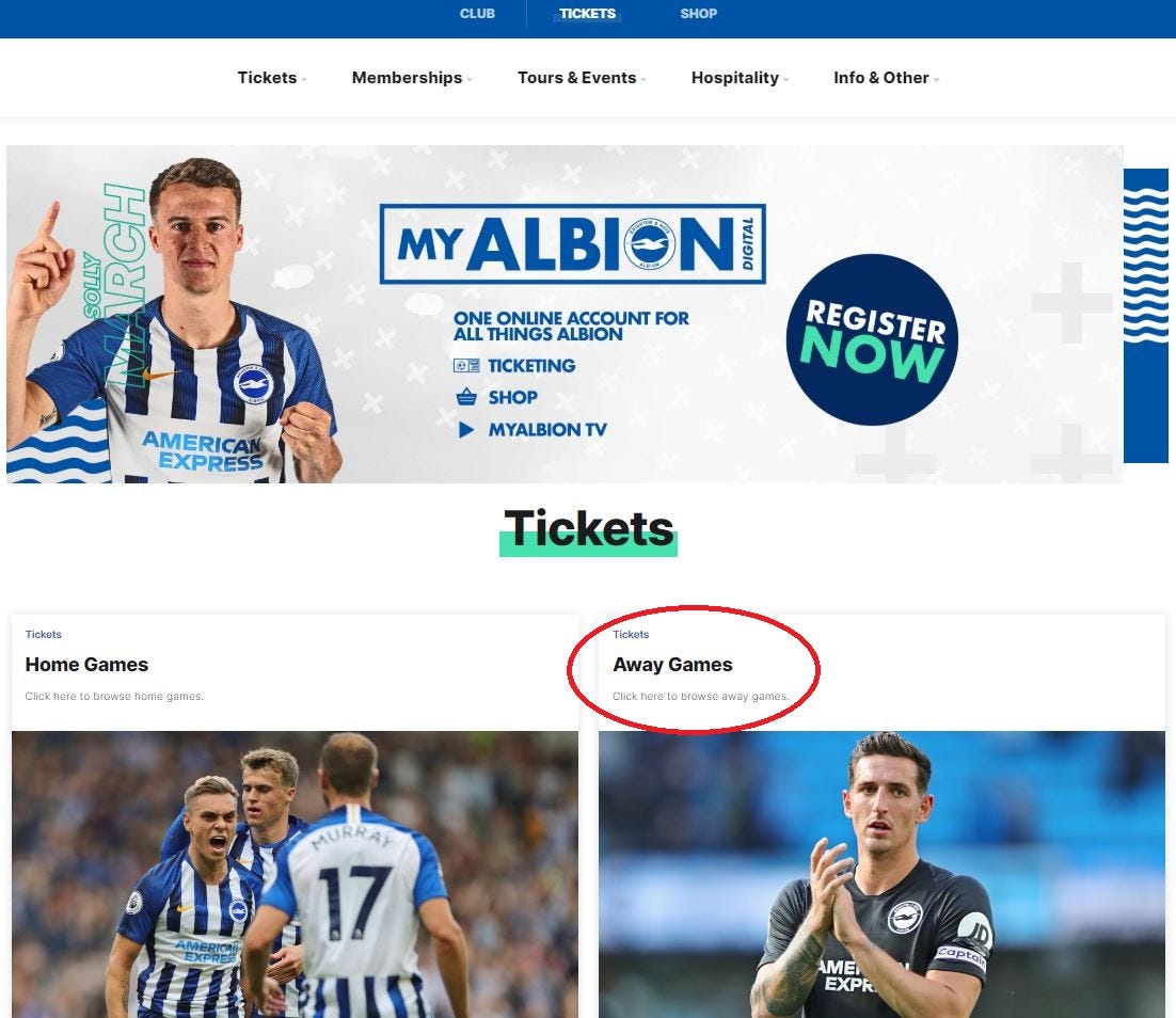 Website home page with link to Away matches highlighted