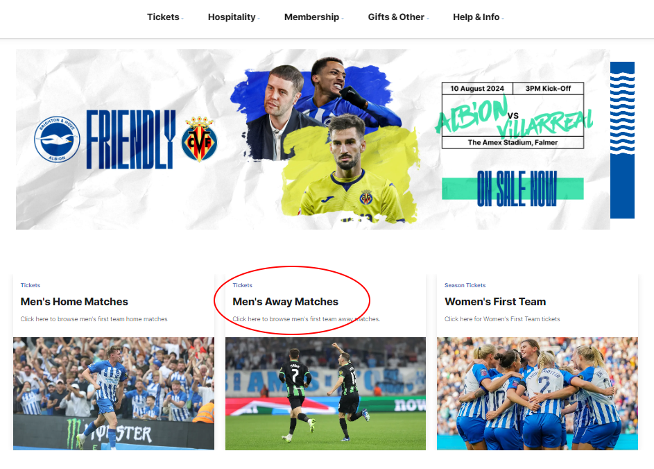 Website home page with link to Away matches highlighted